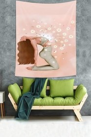 Resim Pelangi Meditasyon Yapan Kız Ve Çiçekler Bohem Desen Leke Tutmaz Kumaş Duvar Örtüsü Duvar Halısı Tapestry PNTR214, 70 x 100 