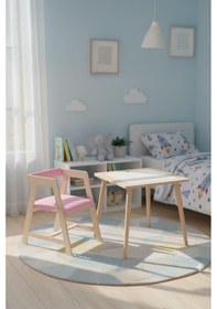 Resim Montessori Çocuk Ahşap Oyun Etkinlik Çalışma Masası,saklama Alanlı, Pembe Sandalye Ahşap 