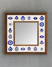 Resim Oscar Stone Decor Masif (Ahşap) Çerçeveli Mozaik Taş Ayna 33x33 cm Dresuar Üstü Balkon Nazar 