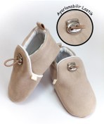 Resim Tiny Feet Bej Kadife Kaydırmaz Taban, Ayarlanabilir Lastikli Bebek Patik, Kreş Ayakkabısı, Ev Botu Panduf 