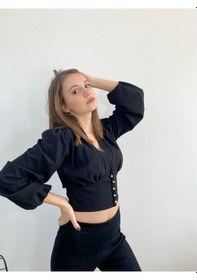 Resim Mois Atelier Siyah Crop Top Bluz Gömlek, Tasarım, Hediye, Büyük Beden Siyah 