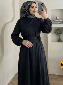 Resim adamila Kadın Siyah Saten Tesettür Abiye Elbise Uzun Kollu Kuşaklı Düğün Nişan Özel Gün Tesettür Elbise 