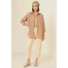 Resim Kadın Oversize Kesim Basic Pamuklu Camel Tesettür Gömlek 