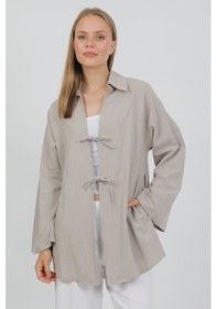 Resim %100 Pamuk Keten Cepli Bağcıklı Kadın Kimono 1165 Gömlek Yaka, Nefes Alan Kumaş Bej 