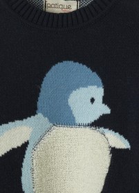 Resim Organik Pamuk Lacivert Penguen Desenli Triko Bebek Kazak - 12-18 Ay 