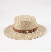 Resim El Yapımı Deri Bant Doğal Saman Fedora Şapka Kadın Geniş Ağız Boater Şapka Upf Haki Haki 