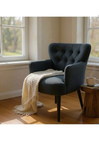 Resim Waterybrook Tekli Berjer Koltuk - Kapitoneli Babyface Kumaş - Siyah Ahşap Ayaklı - Retro Modern Tasarım Antrasit 