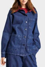 Resim Kadın Koyu Mavi Renk 1w5-149 Oversize Yaka Detaylı Bol Kesim Özel Tasarım Denim Ceket - Koyu Mavi / M 