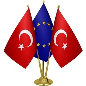 Resim Masa Üstü Avrupa Birliği Bayrağı Türk Bayrağı Üçlü Pirinç Direk M 