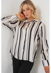 Resim Ge Ticaret Çizgili Uzun Saten Gömlek 20291 - Siyah Siyah 