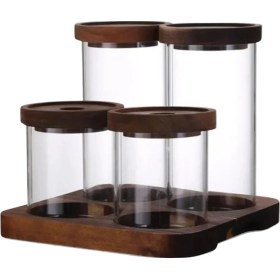 Resim Vakum Kapaklı Cam Kavanoz Seti-akasya Standlı 4'lü Mutfak Organizeri Baharatlık Şeffaf 