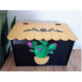 Resim El Boyaması Kaktüs Desenli Altın Kapaklı Ekmek Kutusu Altın - Siyah 