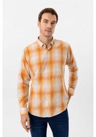 Resim Süvari Turuncu Slim Fit Desenli Düğmeli Yaka Gömlek 
