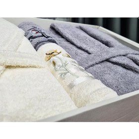 Resim Çeyizlik Aile Bornoz Seti 4 Parça Krem Gri Gri 