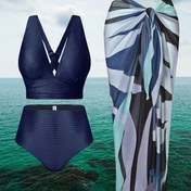 Resim Kadınlar için Büyük Beden Şık Straplez Bikini Seti - Deniz ve Havuz için Mavi ve Beyaz Mayo, Yüksek Esneklikli Kumaş, Konvansiyonel Alt Stili, Plaj Mayo|Şık Mayo|Esnek Kumaş 