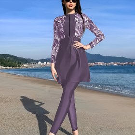 Resim Kadınlar için Alçakgönüllü Mayo Tam Kapsama - Orta Doğu Esintili Paisley Baskı, Yüksek Elastiklik Spor Geleneksel Mayo Asimetrik Tasarım, Plaj ve Havuz İçin Makinede Yıkanabilir, Yüksek Bel Mayo, Havuz Kenarı Giyimi, Asimetrik Moda, Hızlı Kuruyan Kumaş 