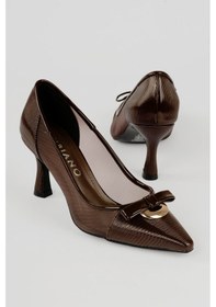 Resim Kadın Stiletto Fiyonk Toka File Detaylı Sivri Burun Topuklu Ayakkabı Nerina Kahve Kahverengi 