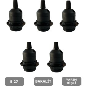 Resim E27 Duy Geçmeli Yarım Diş Avize, Abajur, Lambader Duyu Halkalı - Bakalit Siyah (250V-4A) 5 Adet 