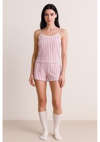 Resim Kadın Dikey Çizgili İp Askılı Mini Şort Takım Pembe Pembe - Beyaz 