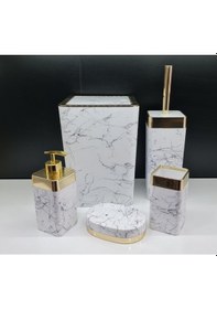 Resim Akrilik Gold Çizgi Siyah Mermer Soft 5'Li Kare Banyo Seti Siyah 