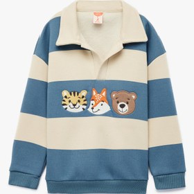 Resim Erkek Bebek Uzun Kollu Hayvanlar Baskılı Polo Yaka Şardonlu Sweatshirt 