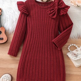 Resim Kızlar İçin Zarif Uzun Fırfır Kollu Kurdeleli Elbise - Pürüzsüz Gül Rengi Örgü Şekliniz, Dantel Detaylı Sade Pastel Çiçeği, ile Baharlık/Sonbahark Partiler işe Makinede Ýuwulýan Rahat ve Dayançly Gezinti-Dosty Giysilikler, Ýaz-Günlük Doğumgünlere ulaýjylary ücin 