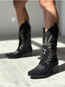 Resim SHOEBOURNE Siyah Süet Yıldız Nakışlı Kısa Western Tarzı Kovboy Çizme 