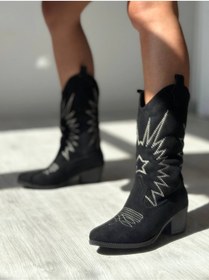 Resim SHOEBOURNE Siyah Süet Yıldız Nakışlı Kısa Western Tarzı Kovboy Çizme 