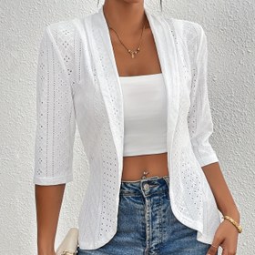 Resim Kadınlar İçin Şık Açık Ön Kardigan - Düz Beyaz, Yarım Kol, Delikli İşlemeli, Hafif Örgü, İlkbahar/Sonbahar Moda Ceket, Hafif Kardigan 