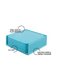 Resim Bardak Altlığı,6 Lı Set,masaüstü Kare Cup Coaster,vegan Suni Deri,11x11 Cm.,turkuaz 