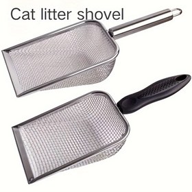 Resim Paslanmaz Çelik Kedi Kumu Kepçesi, İnce Tel Örgü ve Ergonomik Saplı, Dayanıklı Evcil Hayvan Atık Kepçesi, Çeşitli Eleme Boyutlarına Sahip İki Model - Topaklanan ve Topaklanmayan Kumlar İçin Evcil Hayvan Temizlik Aracı 