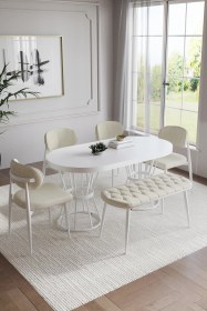 Resim Bohem Polo Mutfak Masası Takımı 6 Kişilik Bencli Beyaz Krem 