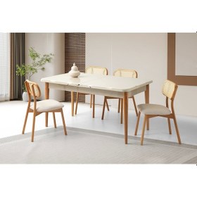 Resim Ahşap Salon Yemek Masa Sandalye Takımı 4 Sandalyeli Ortadan Açılır Büyüyen Krem 90x160cm Naturel 