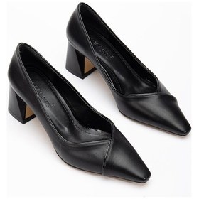 Resim Kadın Topuklu Ayakkabı Siyah V Yüzlü Biyeli Sivri Kalıp-3604 Siyah 