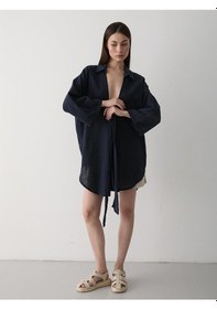 Resim Laluvia Lacivert Flam Keten Kimono Gömlek Lacivert 