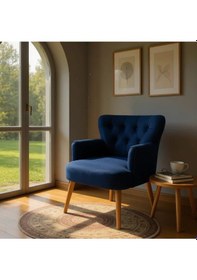 Resim Waterybrook Tekli Berjer Koltuk - Kapitoneli Babyface Kumaş - Ceviz Ahşap Ayaklı - Retro Modern Tasarım Lacivert 