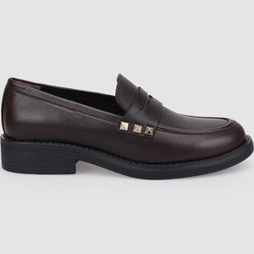 Resim Hakiki Deri Kahverengi Zımba Detaylı Kadın Loafer Kahverengi 