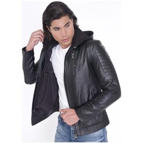 Resim Kapşonlu Spor Kışlık Gerçek Deri Mont Siyah 