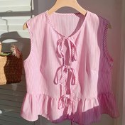 Resim Kadınlar için Ayarlanabilir Kurdele Önü ve Volanlı Hemli Şeritli Bluz - Bahar/Yaz için Rahat Yuvarlak Yaka Üst, Hafif Polyester Kumaş, Tatil veya Rahat Giyim için Mükemmel, Tatil Üstü | Kolsuz Moda | Polyester Kumaş 