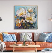 Resim Yağlı Boya Dokulu Tablo Soyut Modern Beyaz Çiçekler Altın Çerçeveli U02032-178886 