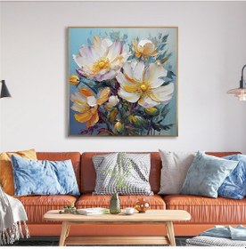 Resim Yağlı Boya Dokulu Tablo Soyut Modern Beyaz Çiçekler Altın Çerçeveli U02032-178886 