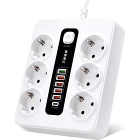 Resim Eco Center Akım Korumalı 6'lı Grup Priz, 5'li USB Şarj,1 Adet Type-C Şarj Girişi, 2 M KABLO,3000W (Beyaz) 
