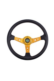 Resim GÜMRÜK BEY Universal 14” Altın Derin Tasarım Yarış Direksiyonu – 350 mm, 6 Cıvata, Korna Düğmeli 