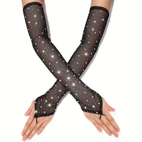 Resim Kadınlar İçin Şık File Eldivenler - Uzun Esnek Parmaksız Parti Eldivenleri, Parlak Siyah Sim ve Taş Detaylı, Resmi, Halloween, Düğün, Balo Aksesuarları - Kolay Giyimli Günlük Özel Etkinlikler için, Gelinlik Eldiveni, Balo Kıyafeti, Esnek Malzeme, Vintage Tarzı, Rahat Kullanım, Moda Tutkunları 