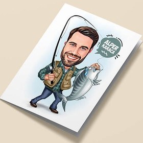 Resim Balık Tutan Erkek Karikatürlü Tebrik Kartı 