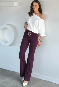 Resim Kadın Modal Kumaş Ön Tokalı Pantolon Mürdüm TZL-P-00021367 
