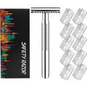 Resim Geeksen Razor Erkekler İçin Çift Kenarlı Güvenlik Jileti Manuel Tıraş Jileti Uzun Saplı Geleneksel Gümüş 