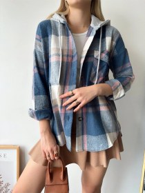 Resim Kadın Curve Desenli Renkli Oduncu Oversize Büyük Beden Ceket Gömlek Mavi 