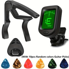 Resim Gitar Başlangıç Aksesuarları Seti, 13 parça. Kaliteli Gitar Kapo, Akort Cihazı, 10 Adet Ücretsiz Pena (Rastgele Renkler) ve Pena Tutucu İçerir - Hızlı ve Doğru Akort İçin Mükemmel, Herhangi Bir Gitar Üzerinde Kullanımı Kolay! 
