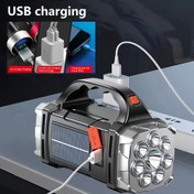 Resim Güçlü LED El Feneri, Taşınabilir Avcı Feneri, Güneş + USB Şarj Edilebilir Işık ve Power Bank Fonksiyonuyla 
